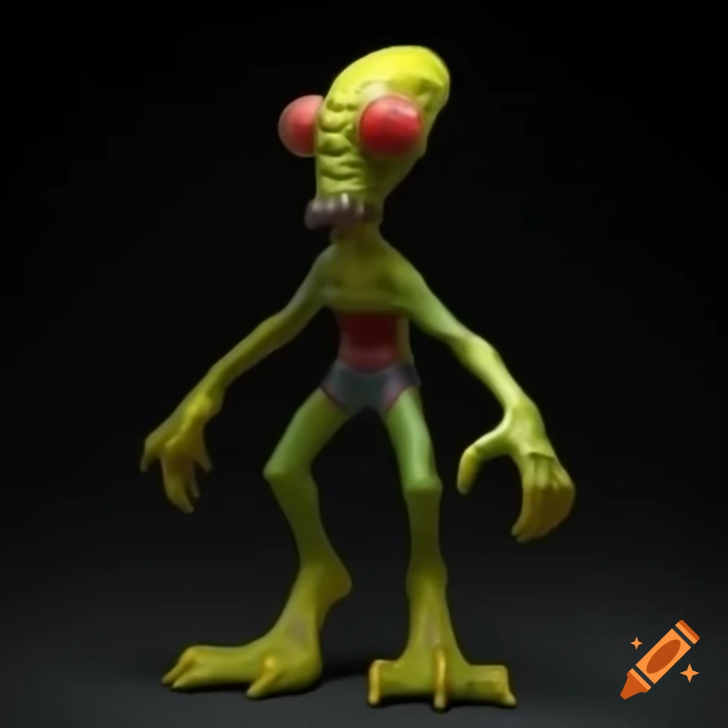 Humanoid creature designed with vibrant green and red scale details and yellow slitted eyes