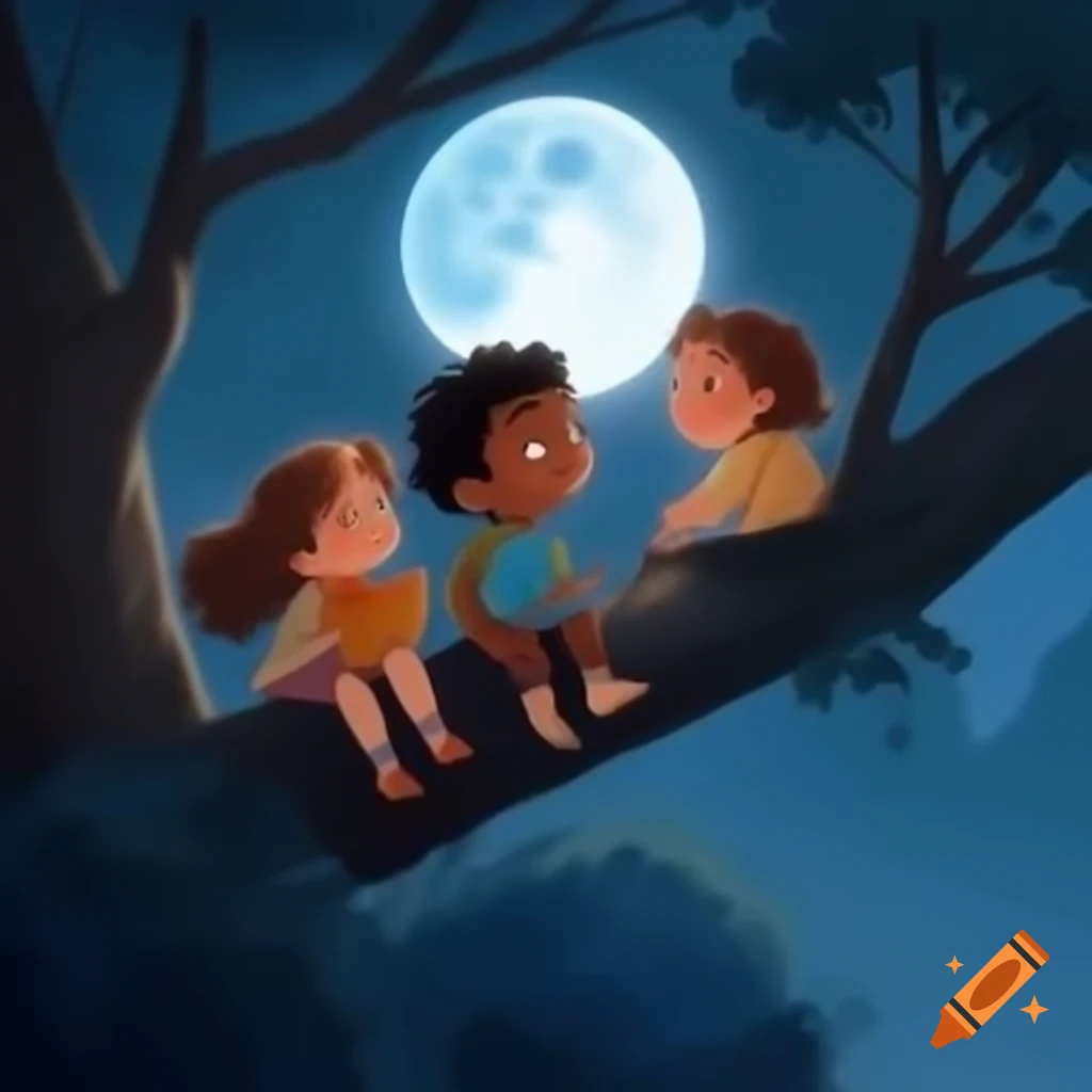 Children reading books on a branch under luminous full moon