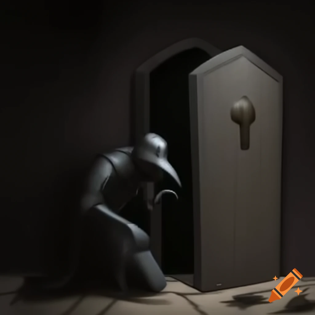 Plague doctor in knight armor using coffin door as a shield