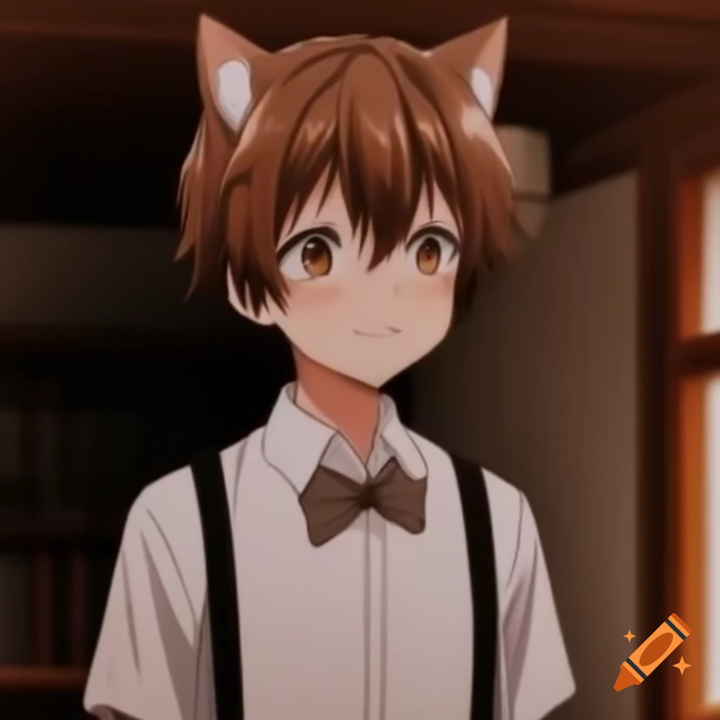 Anime boy with dog ears and tail, wearing white shirt and bowtie, smiling in house interior