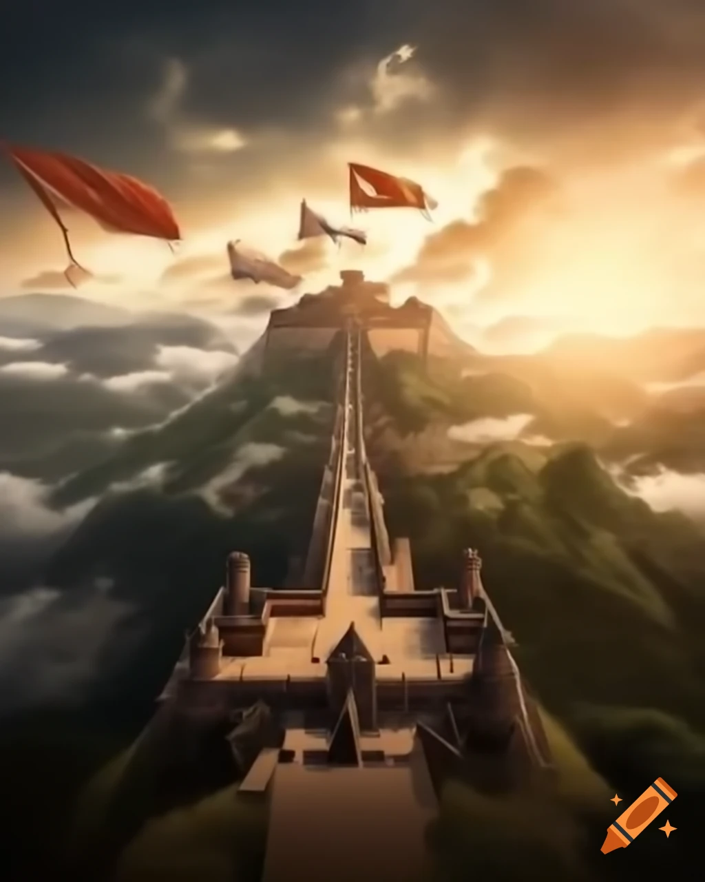 Panoramic view of Western Ghats with ancient fortresses and Maratha flags, featuring Shivaji's sword silhouette
