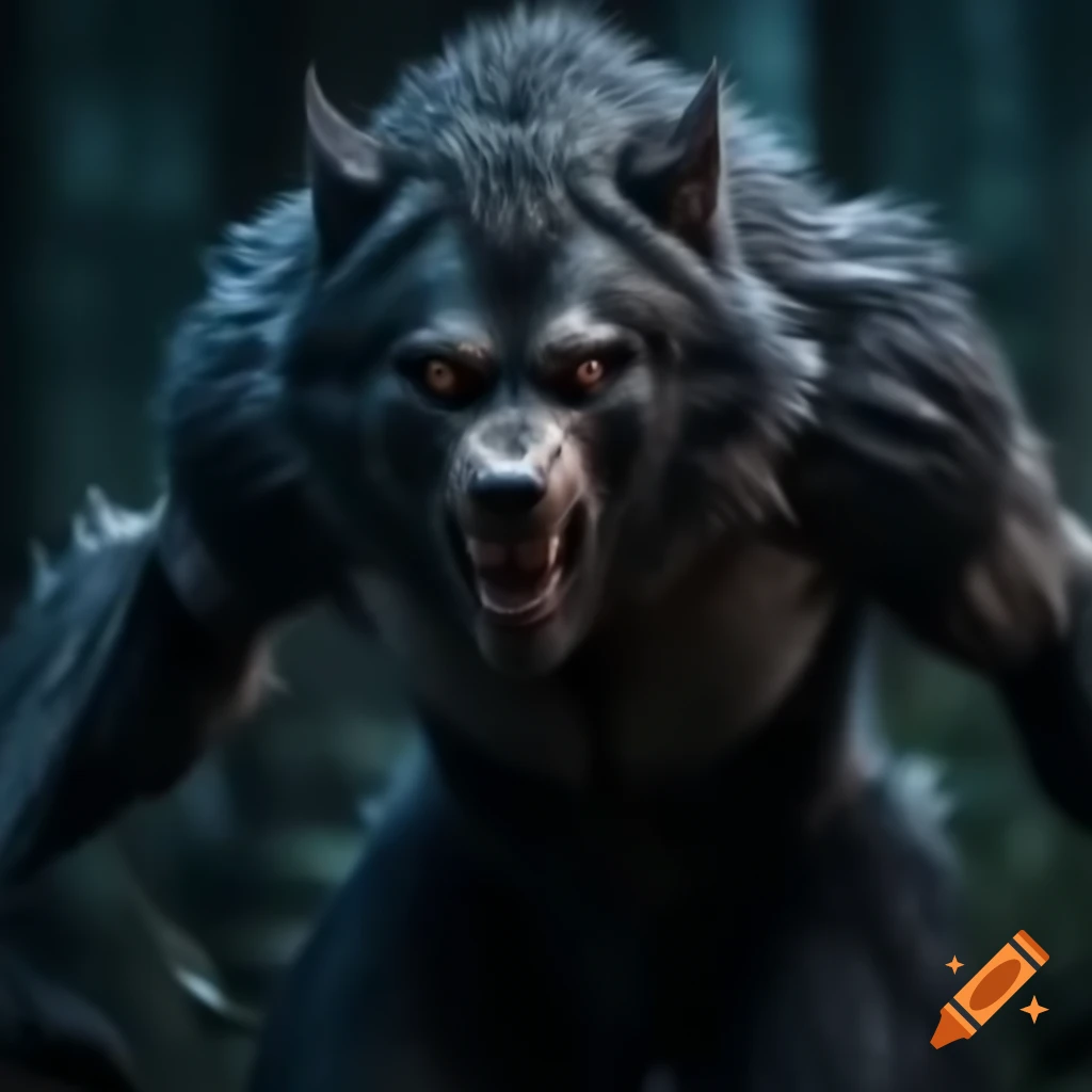 Colossal werewolf emerging from dark forest at night