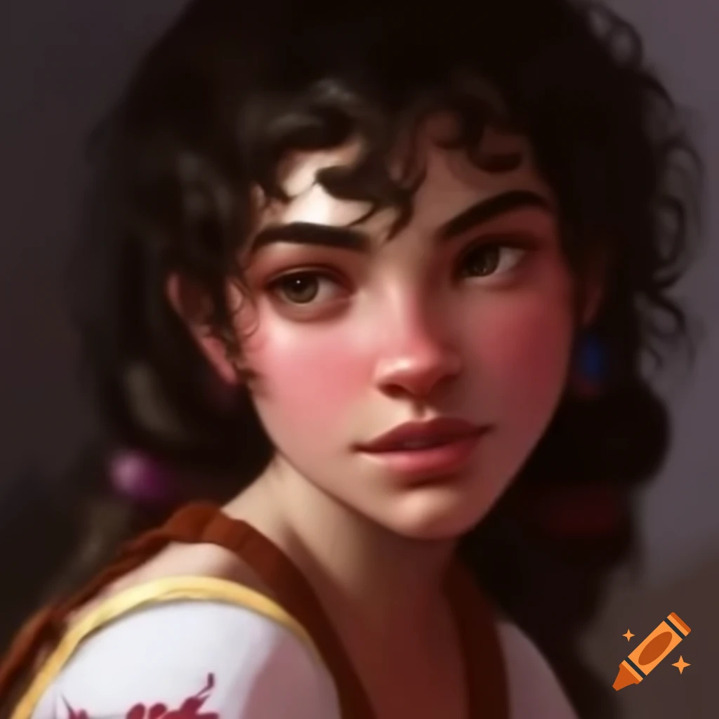 Midsized peasant woman with dark curly hair and pale skin, vibrant painting style