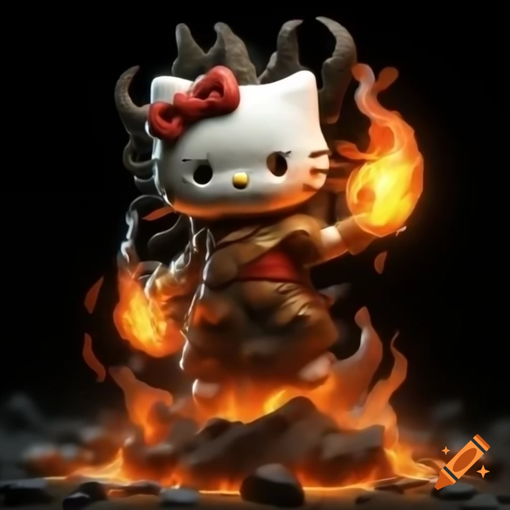 Tiny, cute burning god resembling Hello Kitty in hero pose, showcasing immense power