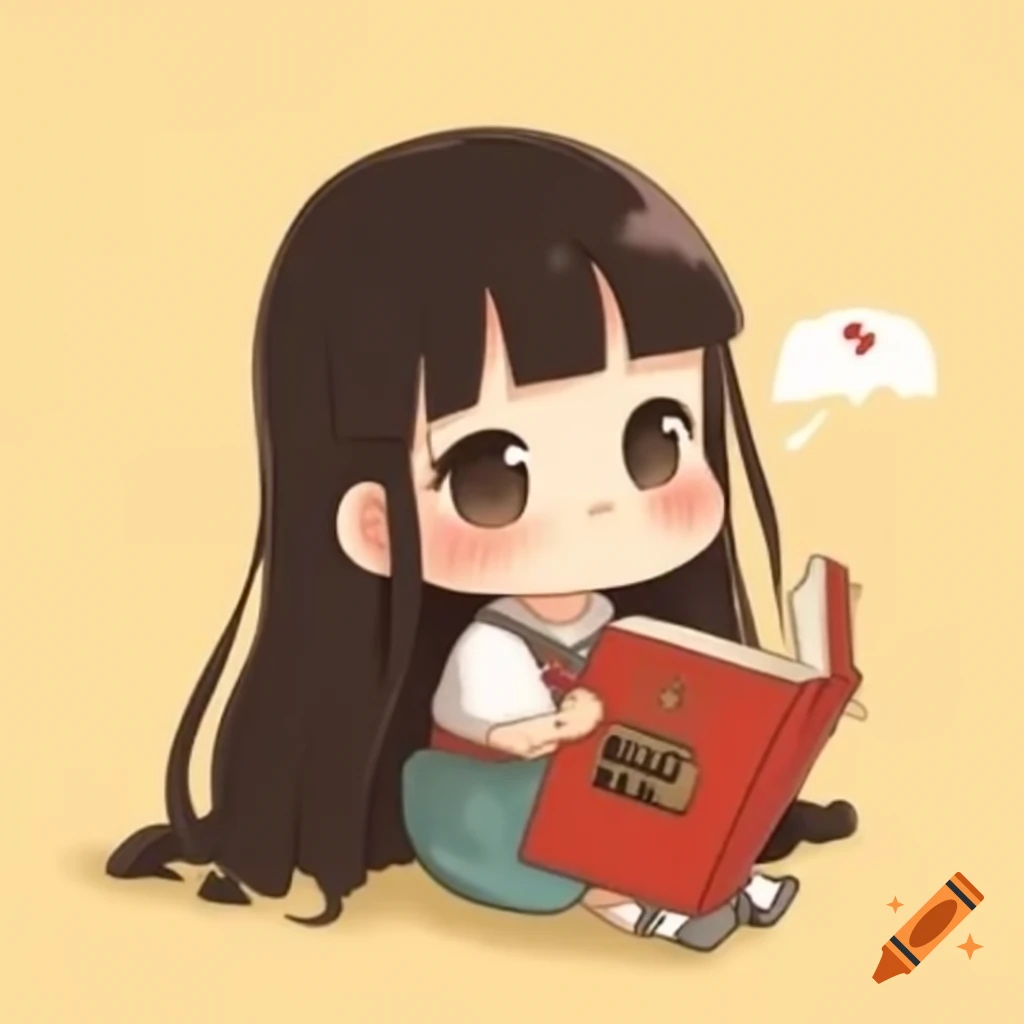 Japanese chibi girl with long hair reading an adventure book