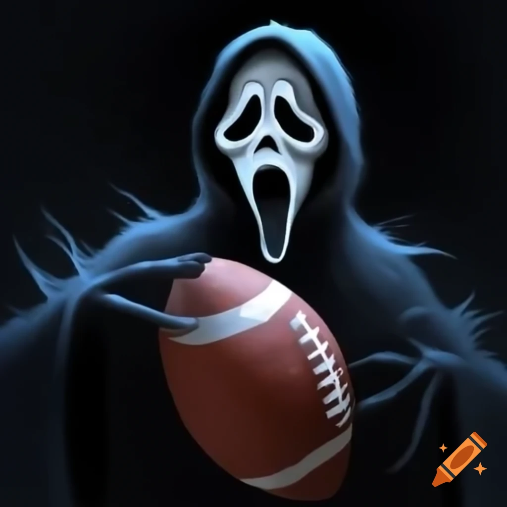 Angry ghostface character holding a football as logo design