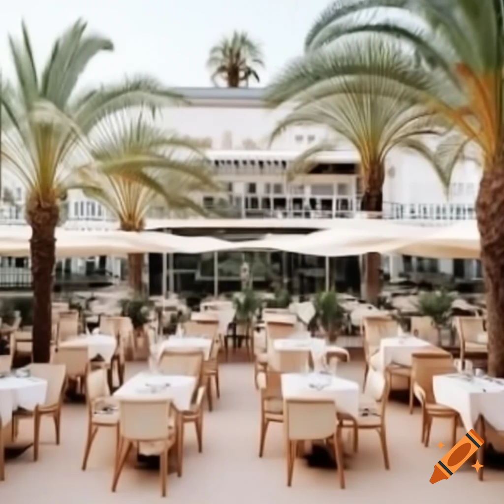 Luxurious restaurant terrace in Cannes with happy customers, palm trees, and beach on a sunny day