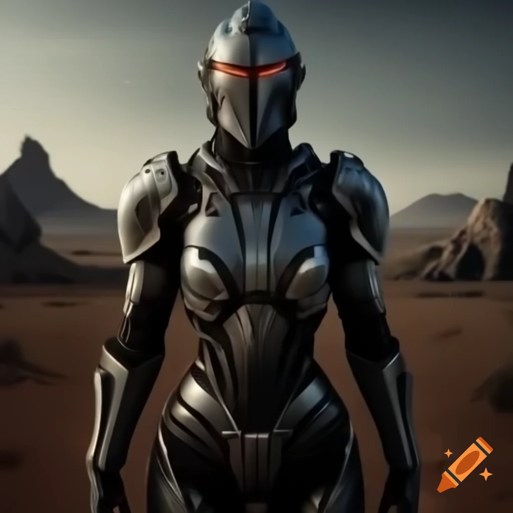 Slender futuristic knight standing in a desolate wasteland