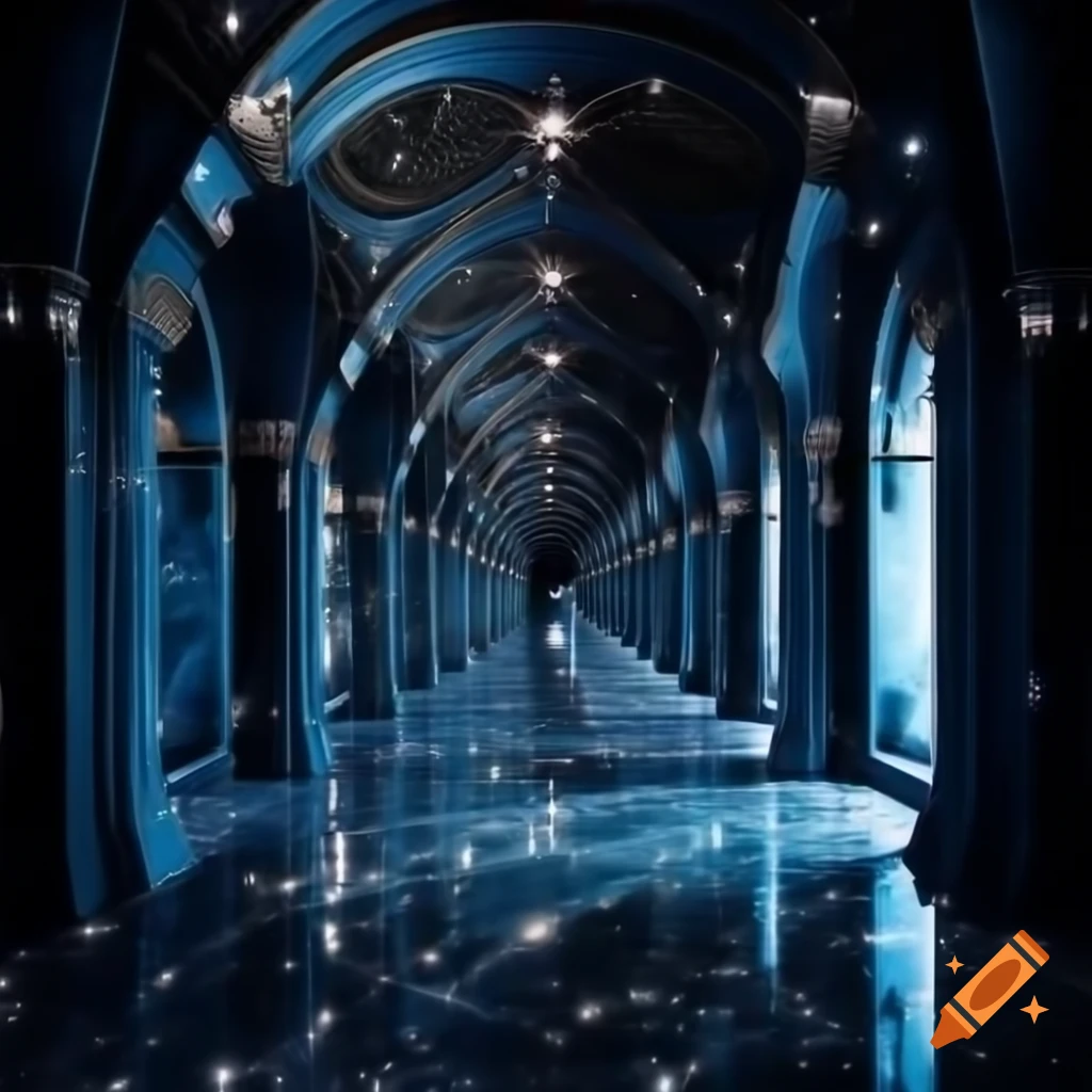 Dark blue marble hallways with sloped ceilings and glittering stars
