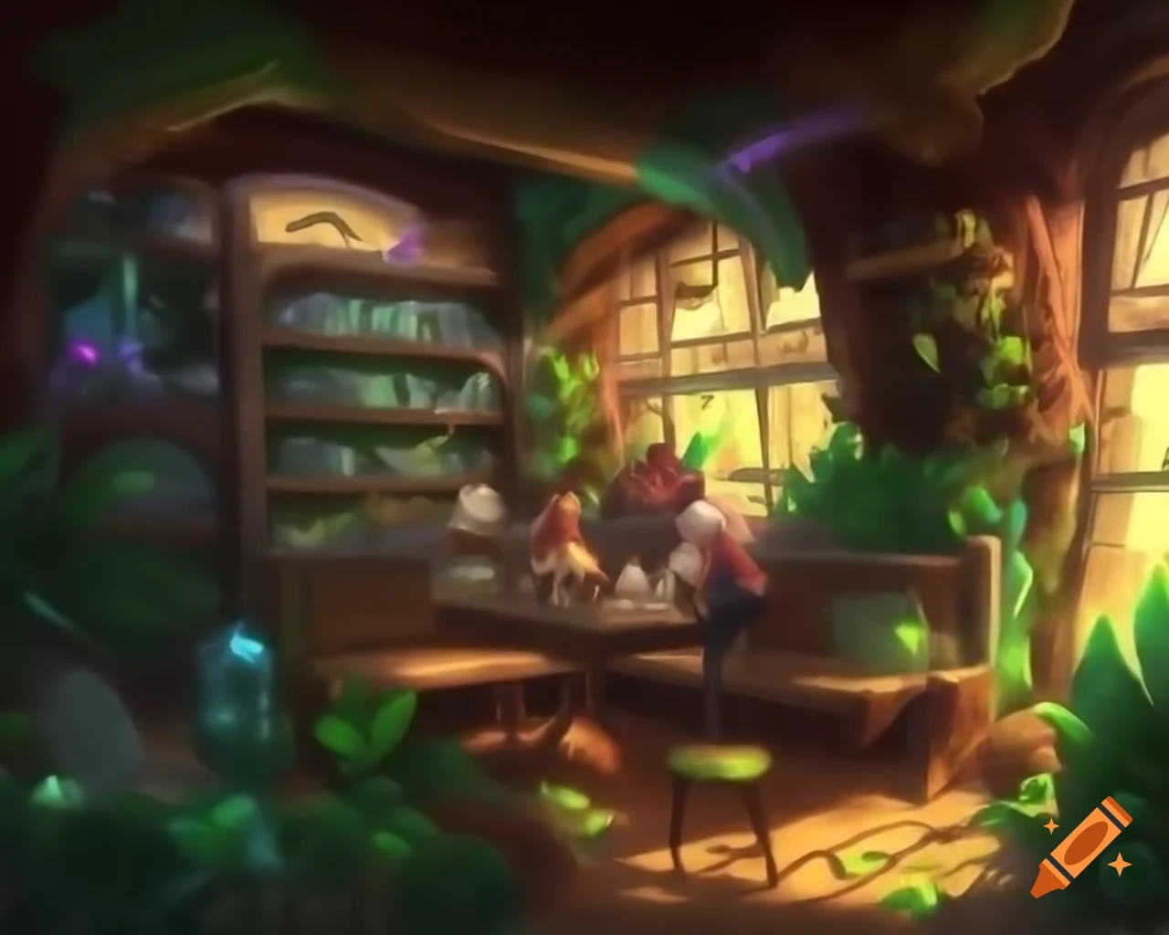 Magical wizard's leafy cafe with dramatic anime lighting and cascading plants