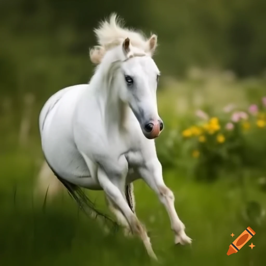 White horse with ponytail running in grassy field with flowers