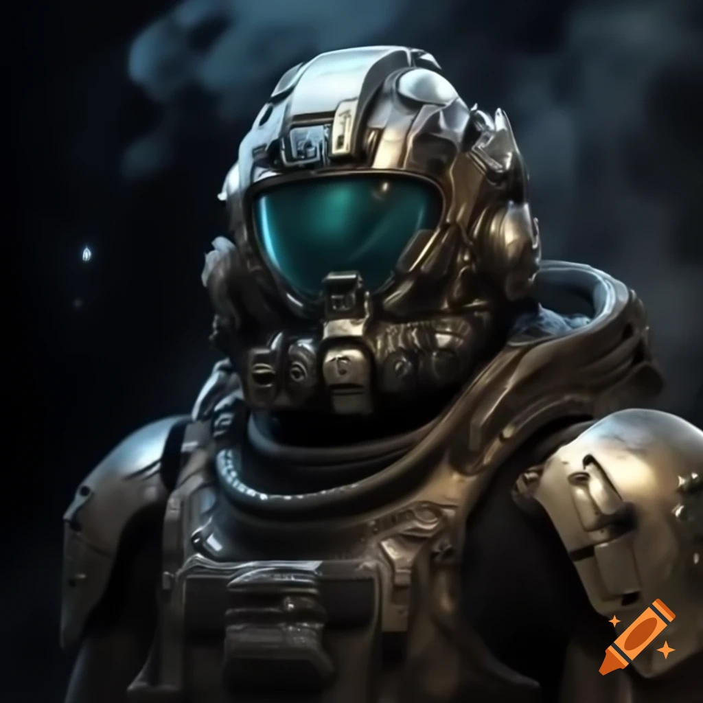 Futuristic space soldier in action pose gripping high-tech knives