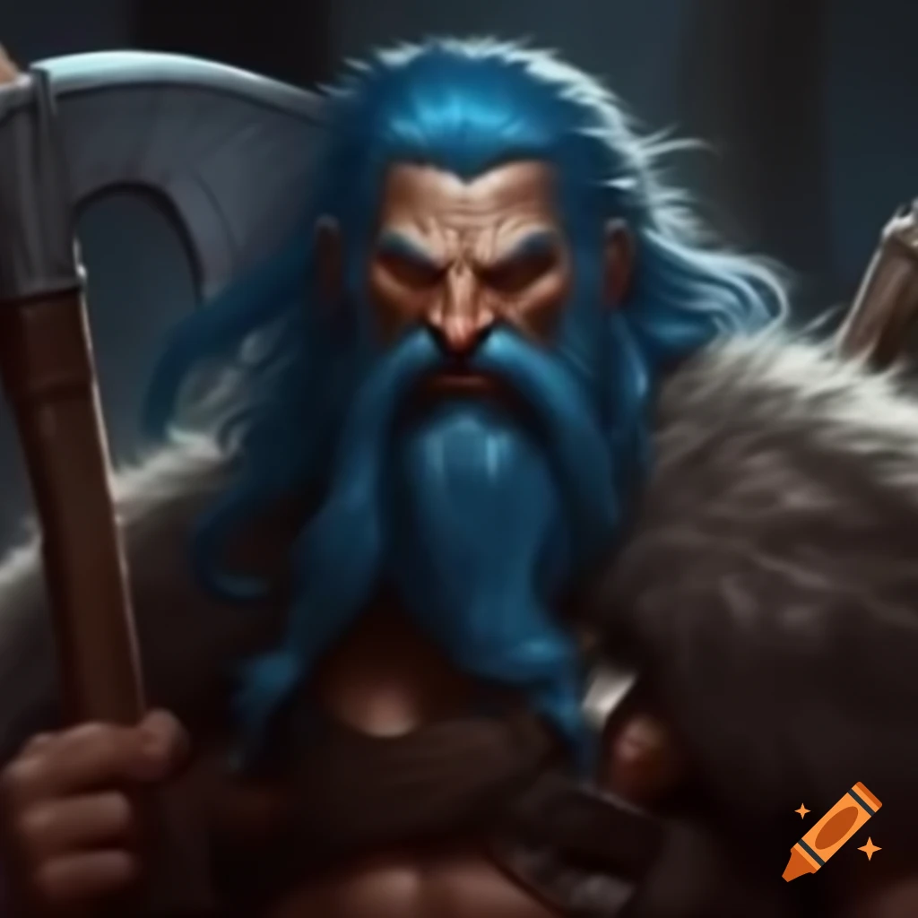 Goliath character with blue hair holding a great axe