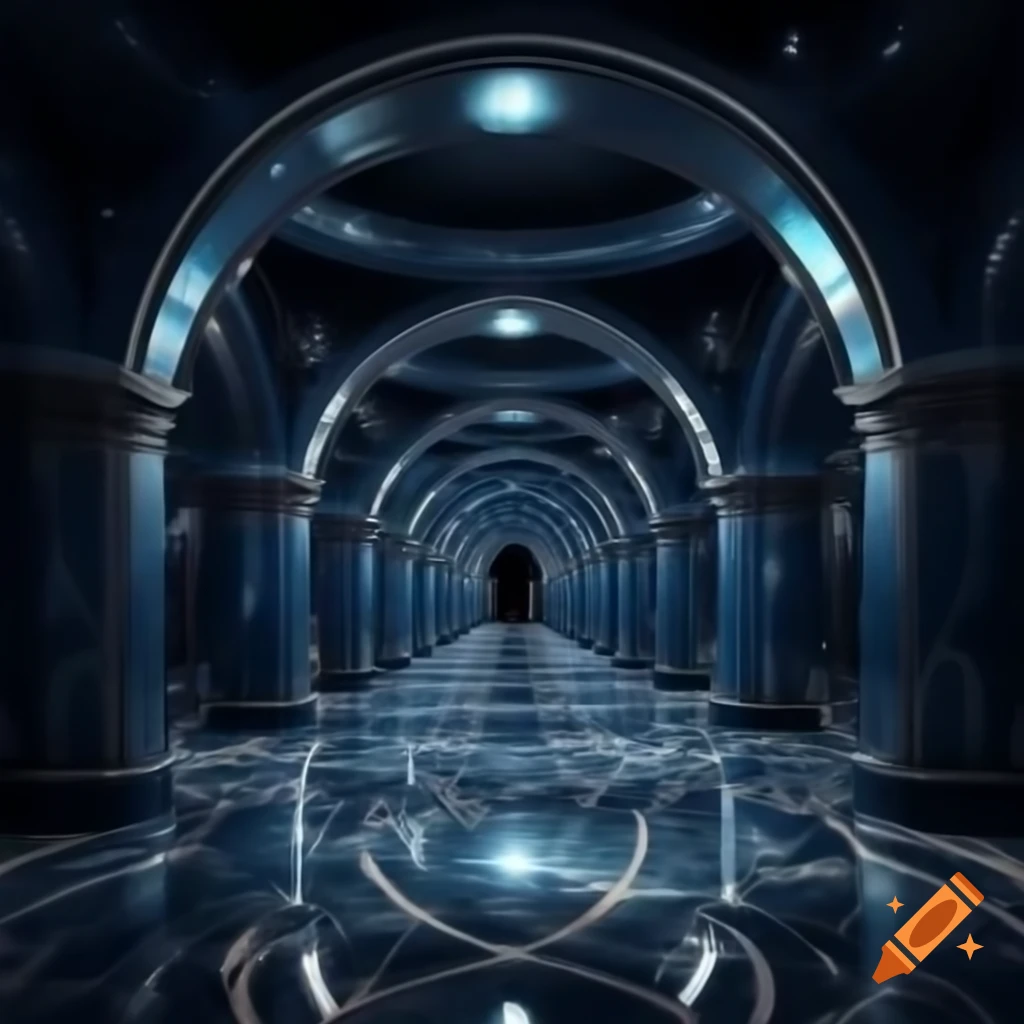 Dark blue marble hallways with sloped ceilings and glittering stars