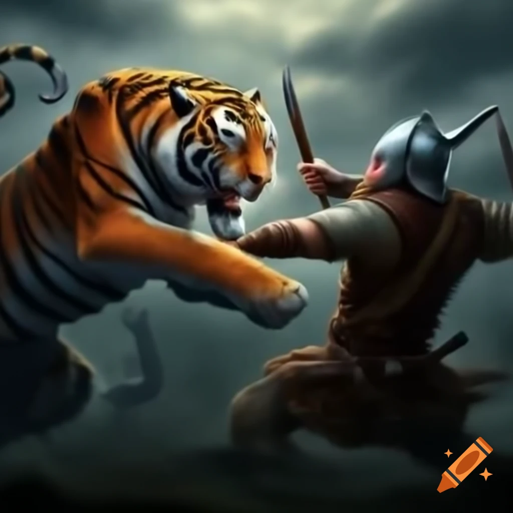 Tiger and viking engaged in a fierce battle