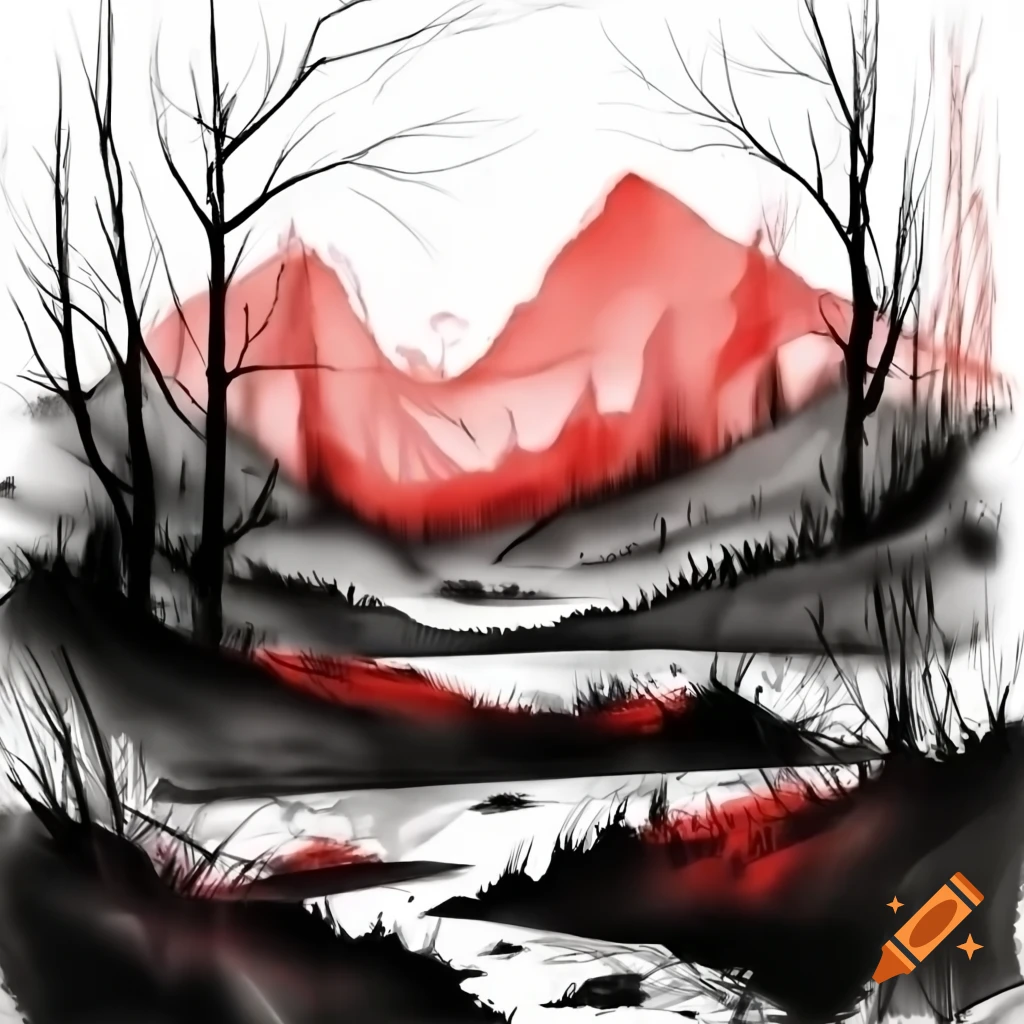 Dystopian gothic landscape in pen and ink with hints of red