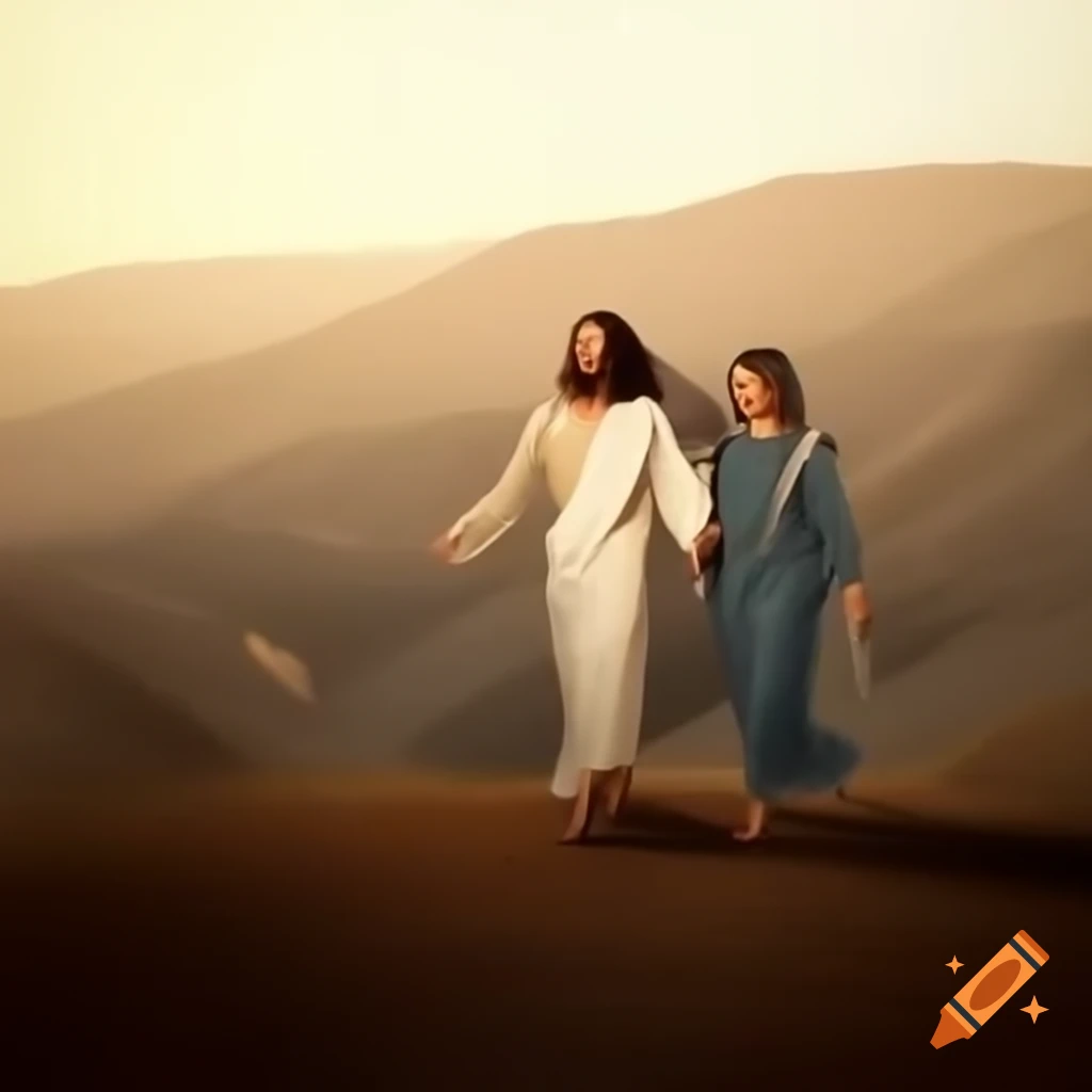 Young woman walking with faint glowing figure of Jesus in valley