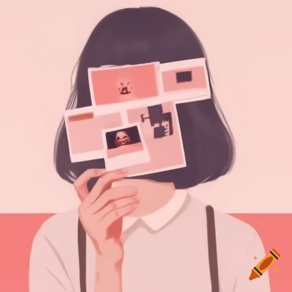 Beautiful girl with straight hair in casual outfit holding pink Polaroid film