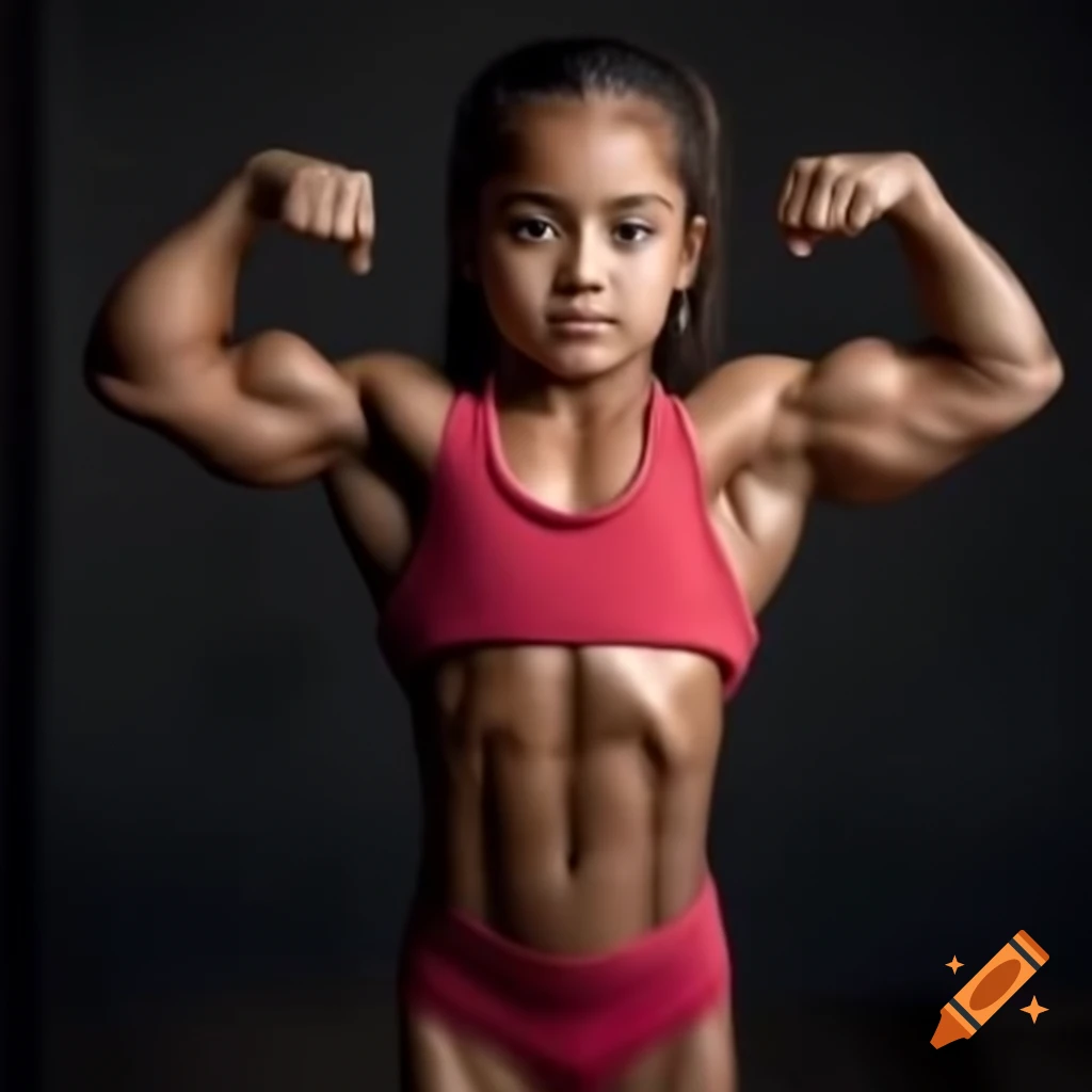 Young female bodybuilder showcasing strong biceps with visible veins on