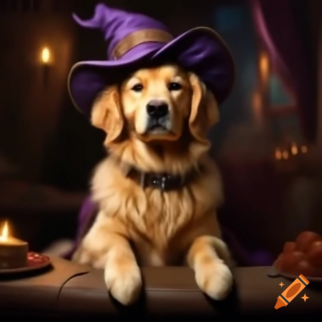Golden retriever dressed as a wizard