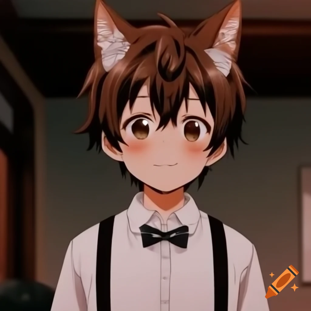 Anime boy with dog ears and tail, wearing white shirt and bowtie, smiling in house interior