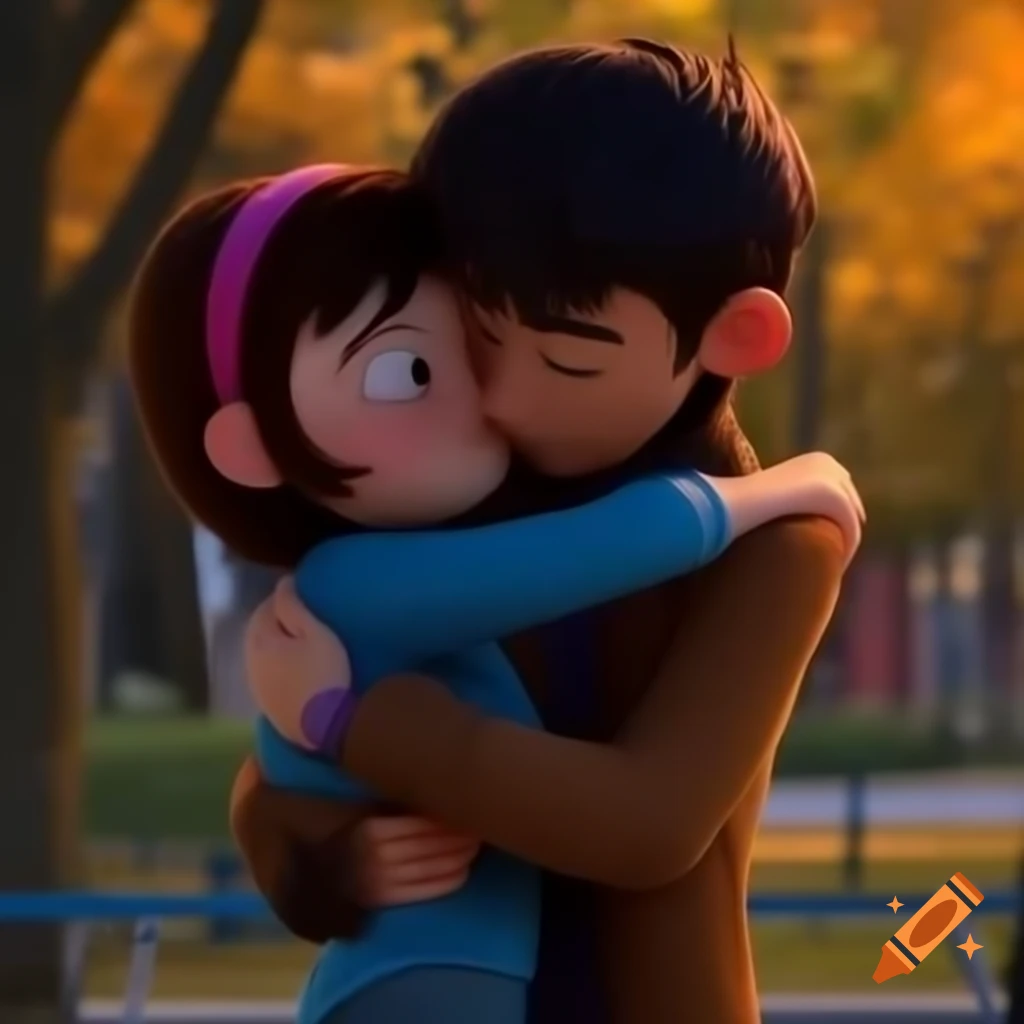 Pixar style illustration of two lovers hugging sadly in a park during Fall