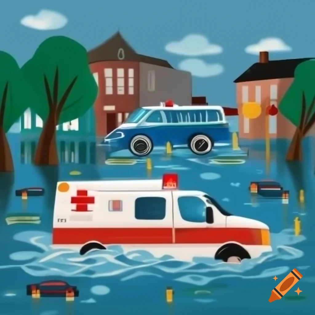 Vibrant clipart illustration of ambulance on flooded street with submerged vehicles