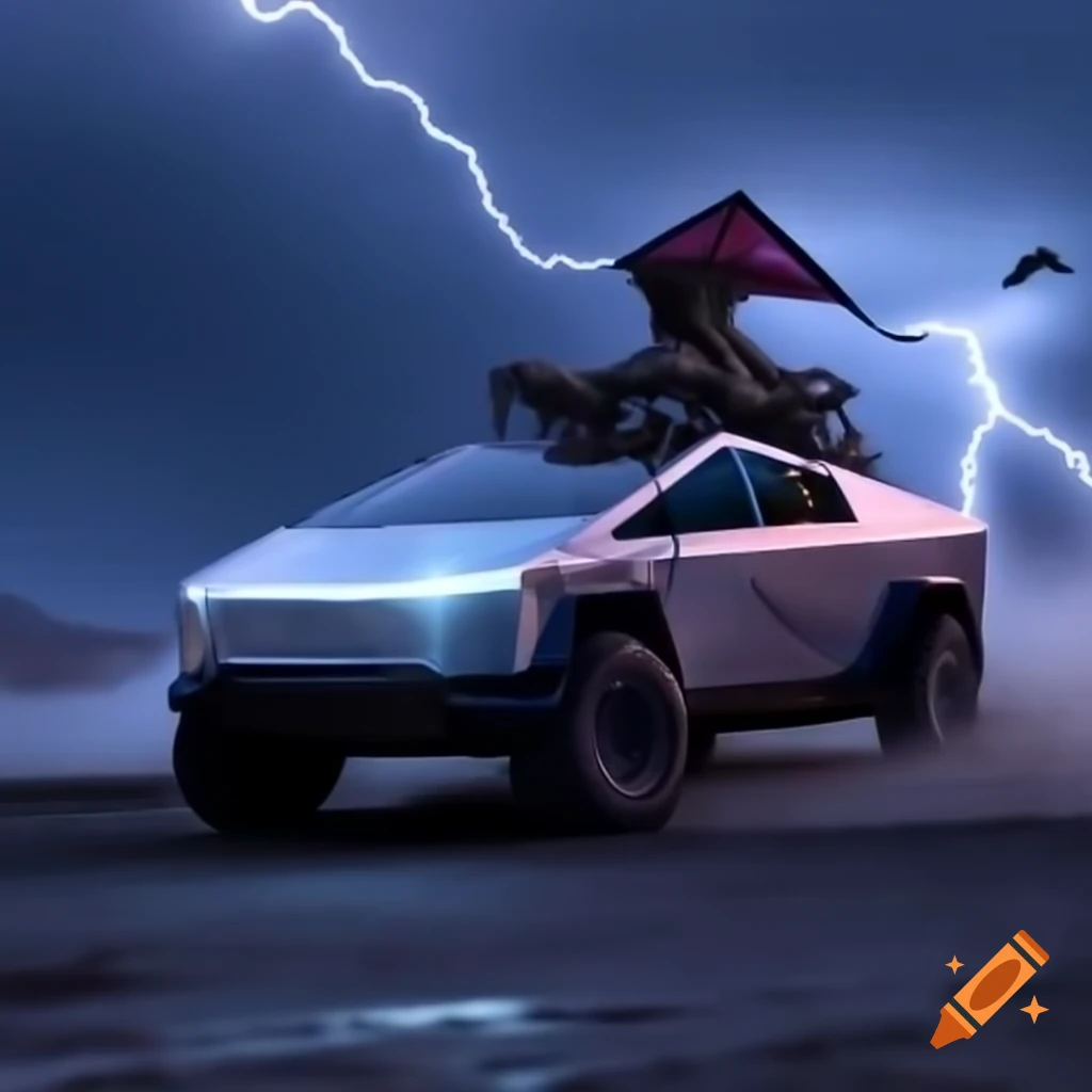 Benjamin Franklin with Tesla Cybertruck, kite, and lightning