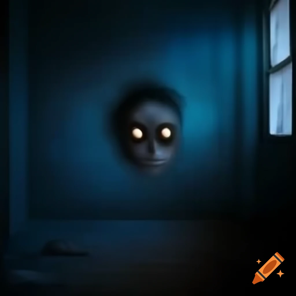 Scary face emerging from wall in dark room at night