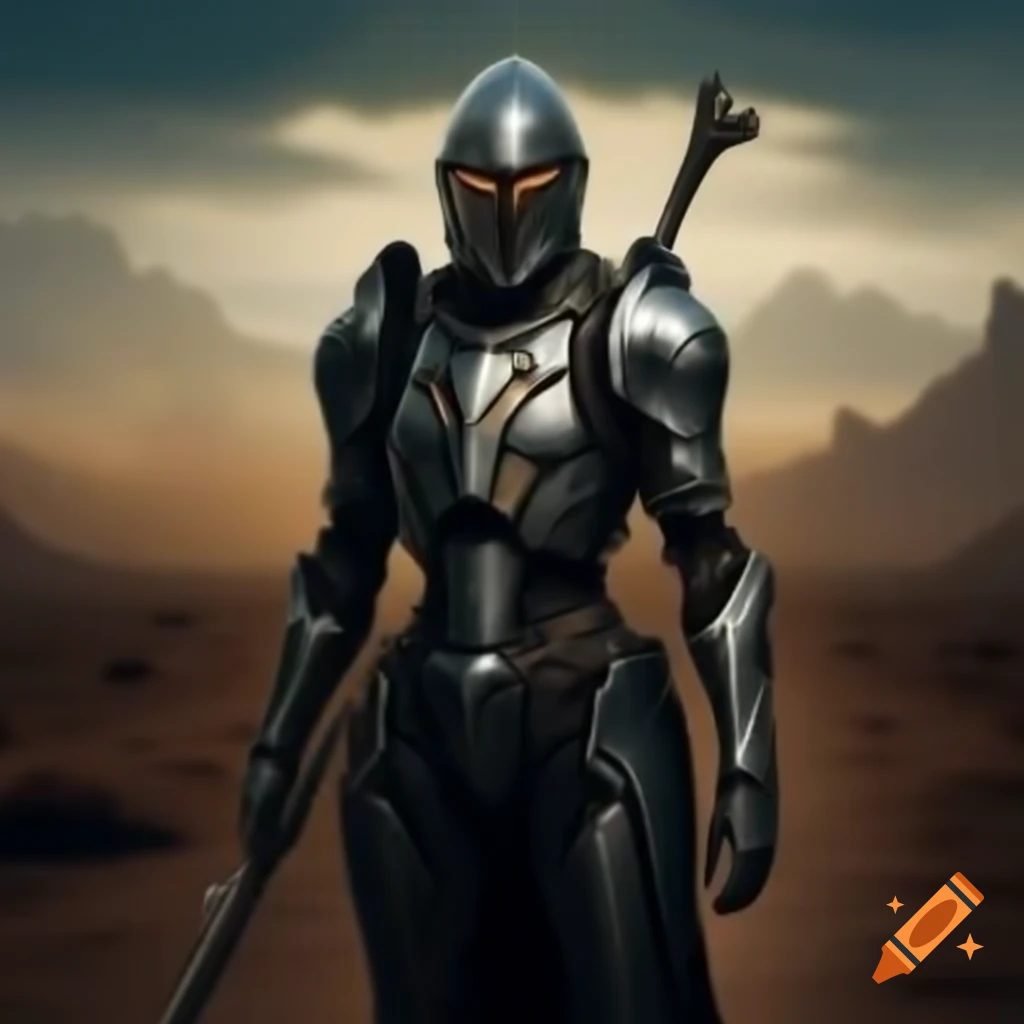 Futuristic knight standing in a wasteland setting