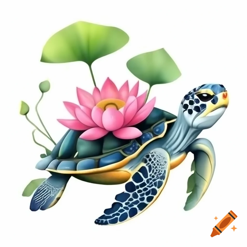 Sea turtle with lotus flower on its shell