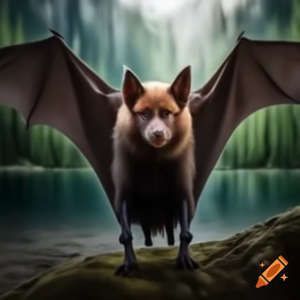 Giant bat with shepherd dog's face near lake in forest