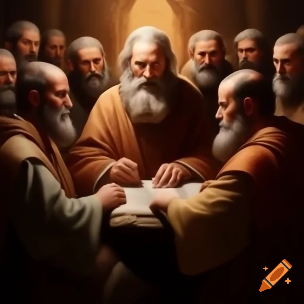 Apostle John and fellow apostles discussing the Bible