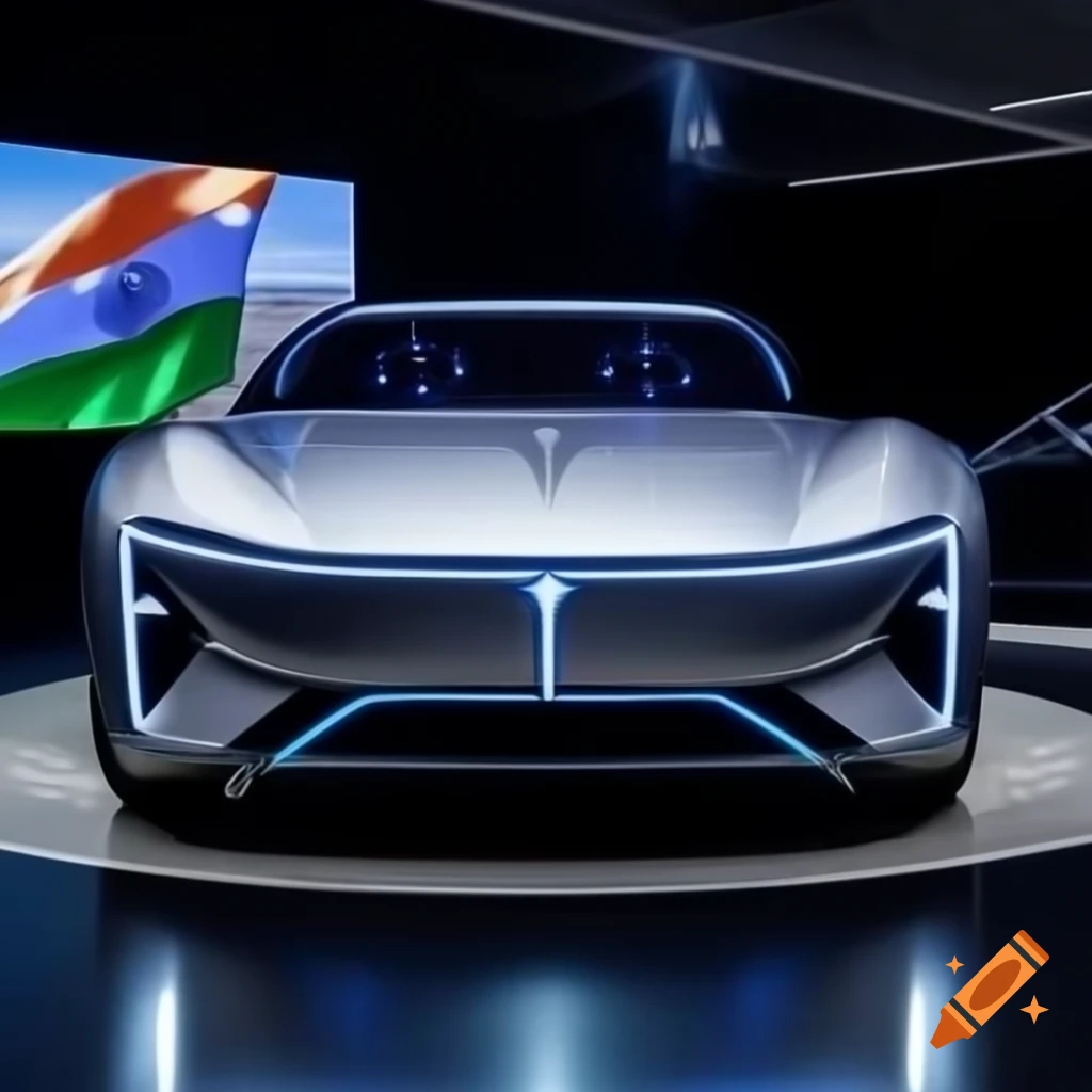 Futuristic Indian concept car with round LED headlights in showroom