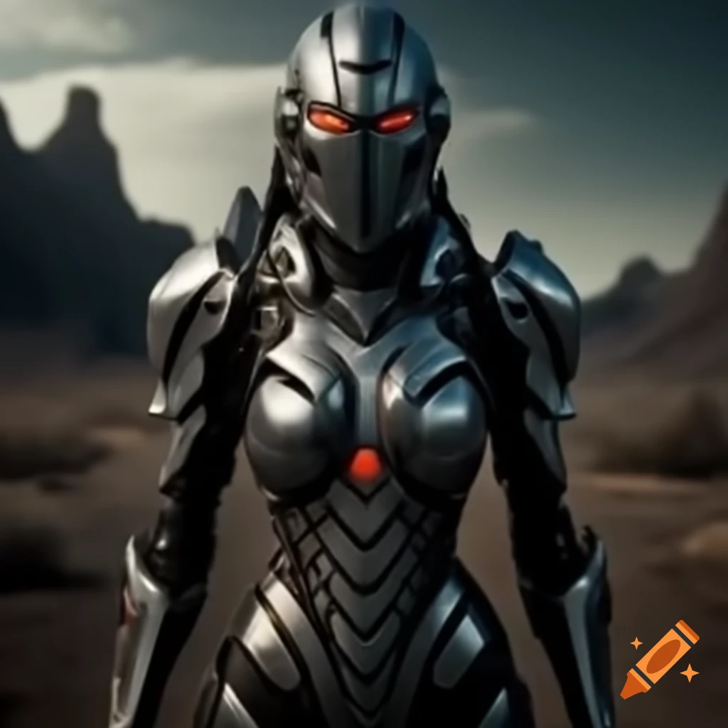 Slender futuristic knight standing in a wasteland setting