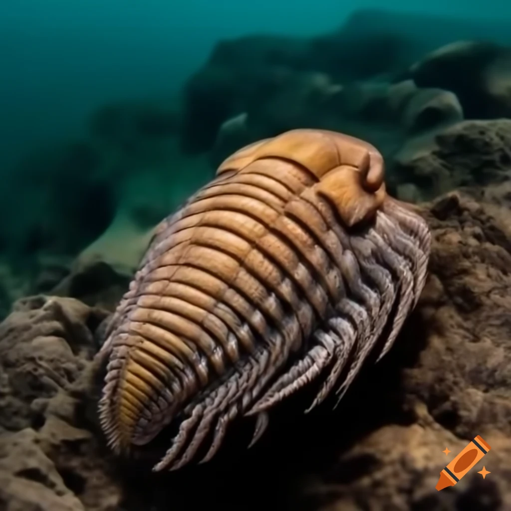 Trilobites exploring underwater rock formation