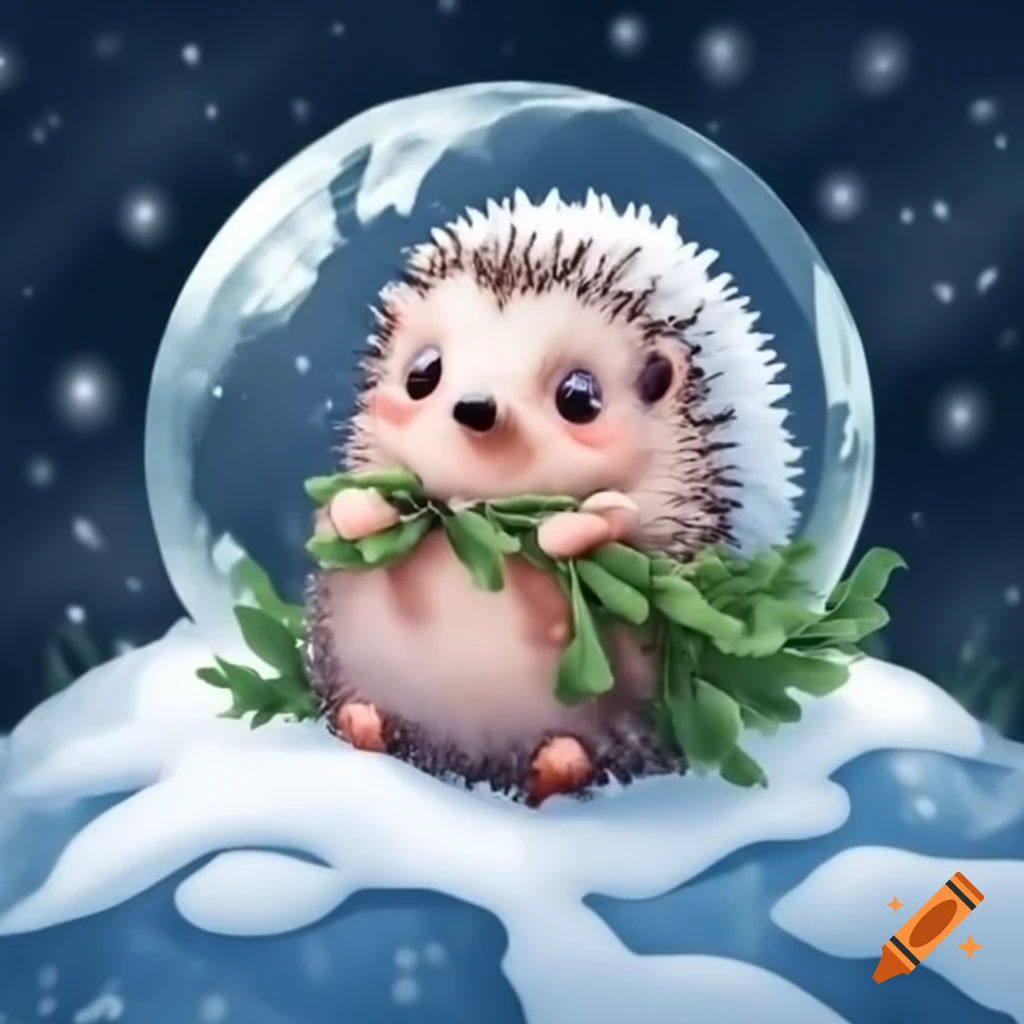 Hedgehog wrapped in mistletoe inside a snow globe