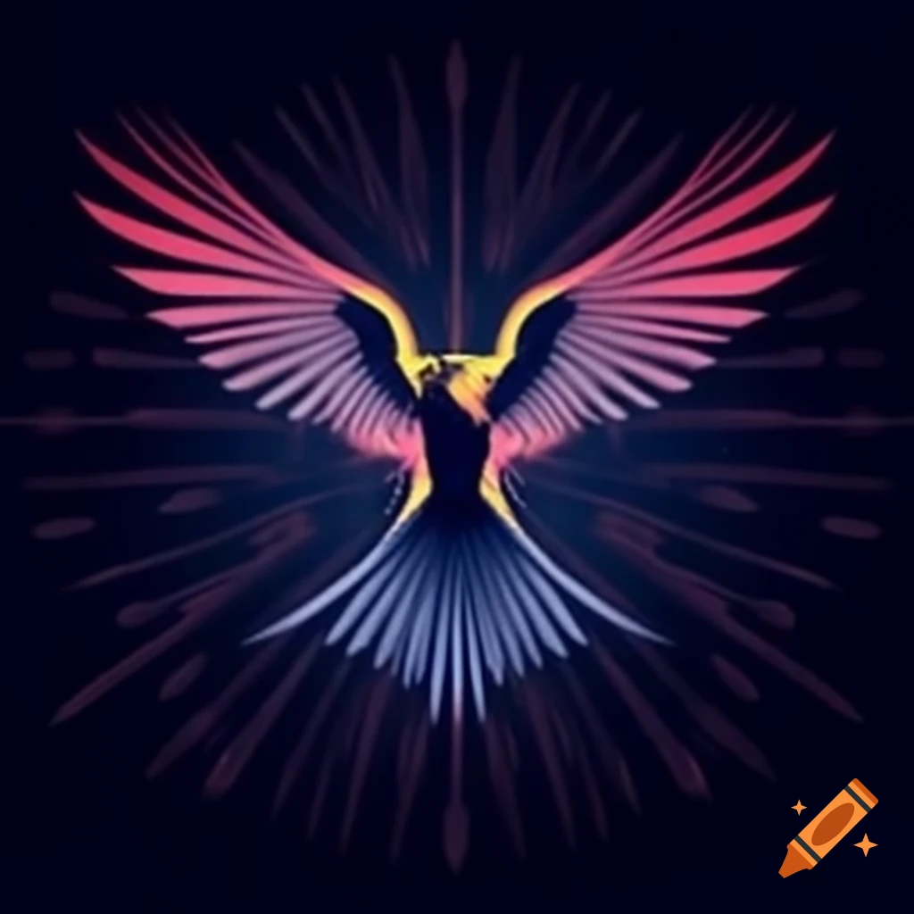 Mockingbird diving with wings spread, circuit patterns on metal, vibrant energy