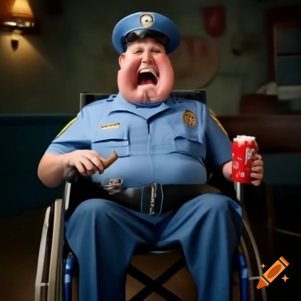 Policeman in wheelchair enjoying sausage and Coca Cola