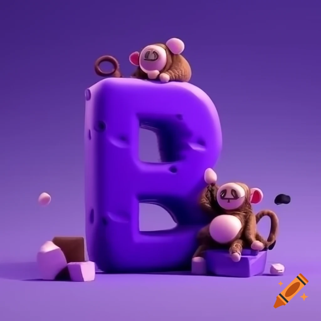 Playful monkey leaning toward purple letter b inside cube with number