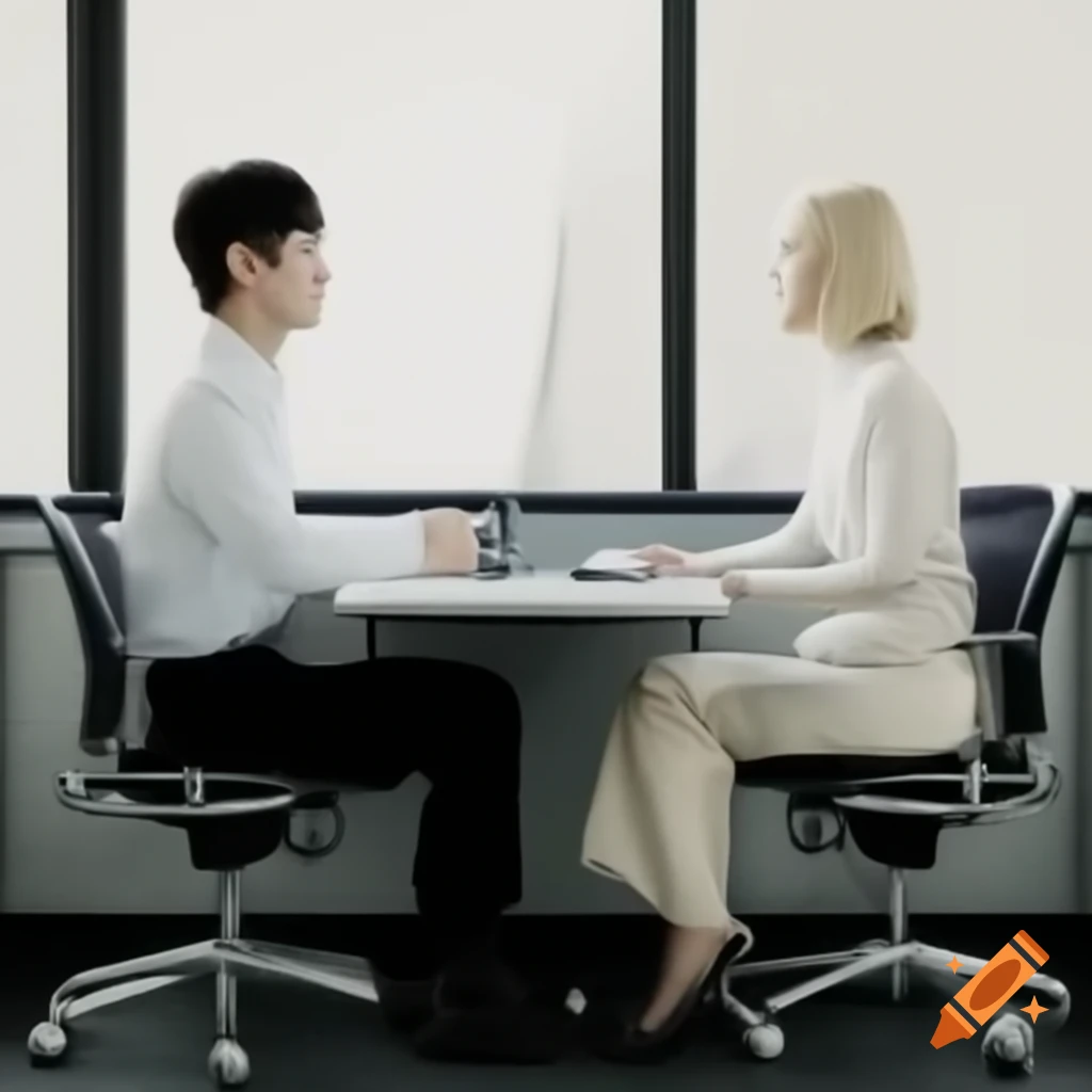 Asian woman interviewing a white man in an office setting