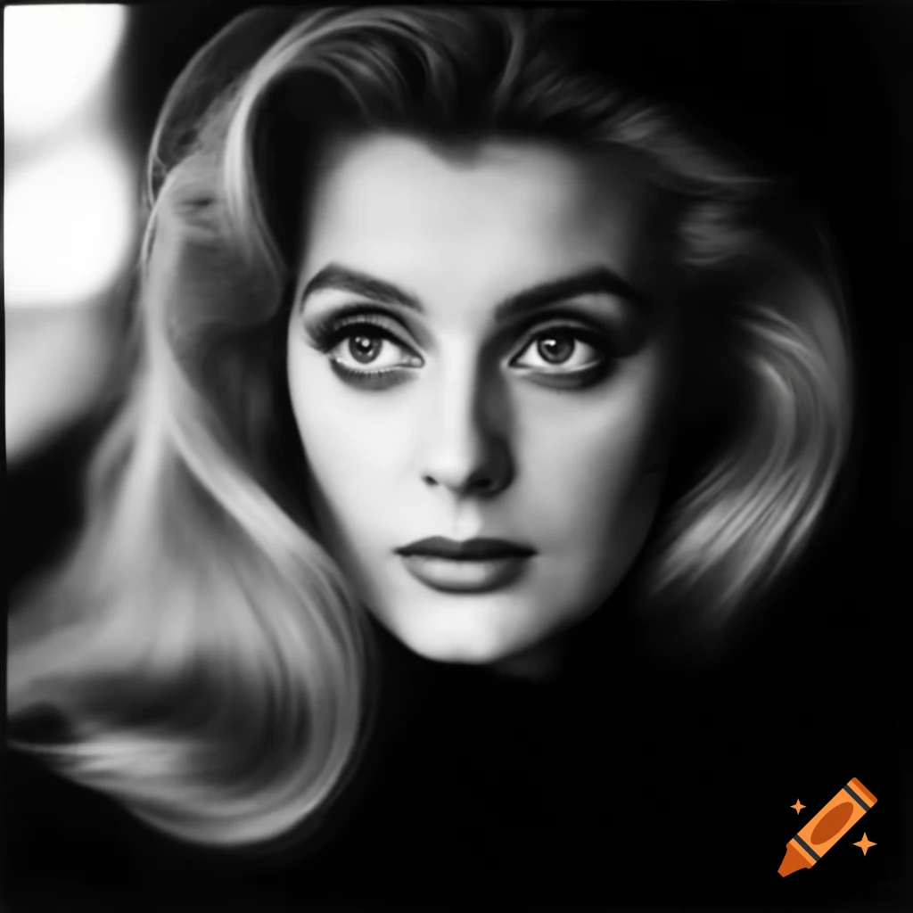 Hyper-realistic black and white portrait of a charming European actress from 1963