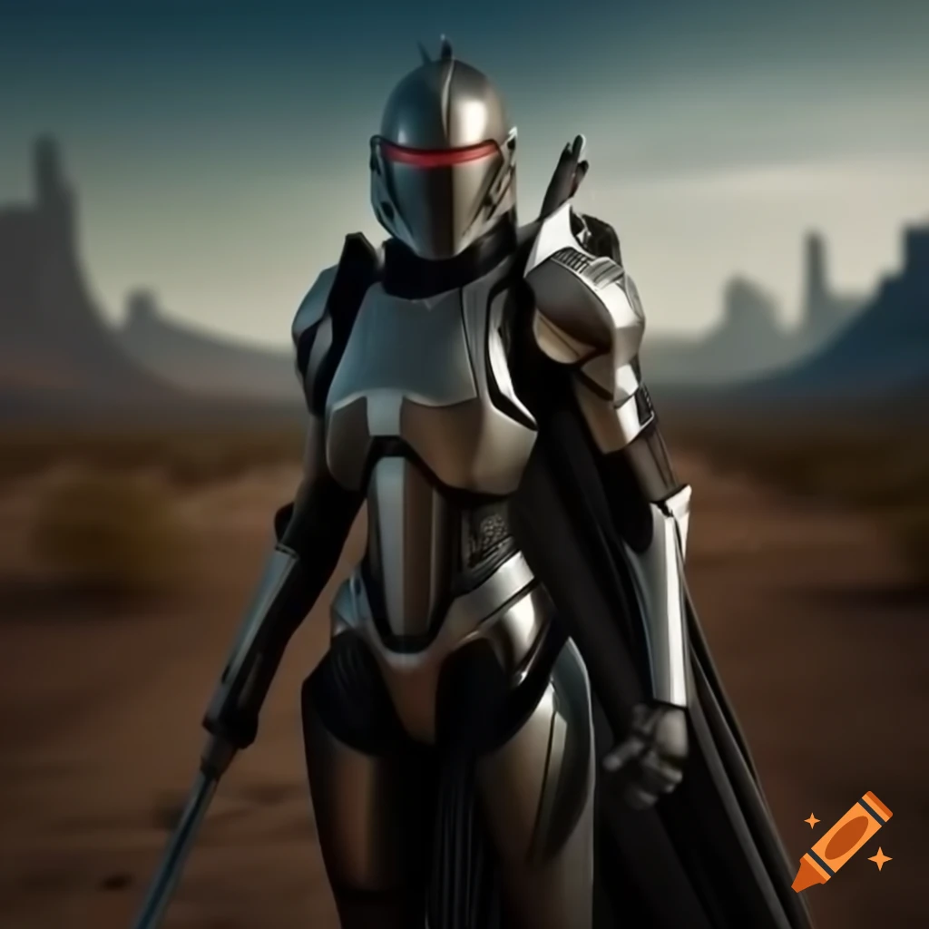 Futuristic knight standing in a wasteland setting