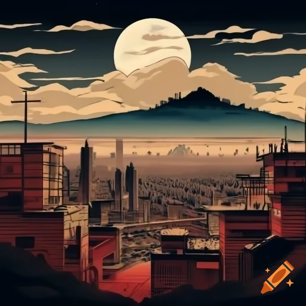 Tehran skyline with enormous moon in warm colors, Hokusai watercolor style