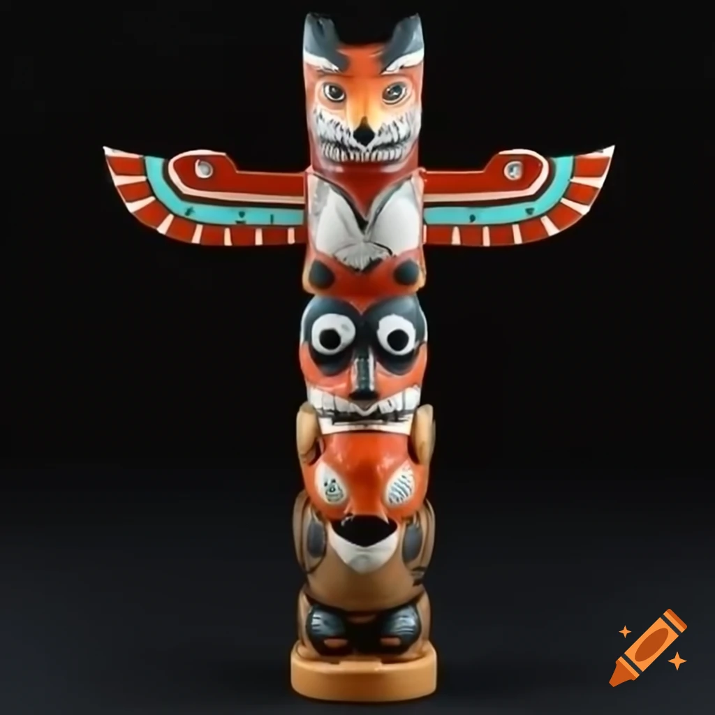Totem pole featuring fox, tiger, lion, and falcon motifs