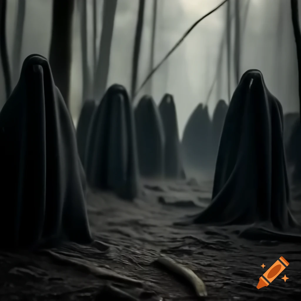 Dark vintage scene of dead forest with ghostly apparitions