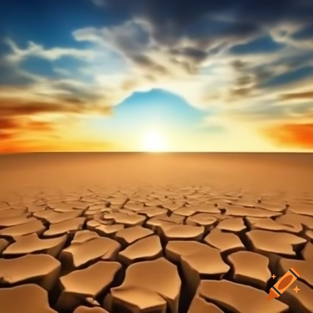 Desert landscape with cracked ground and bright sun