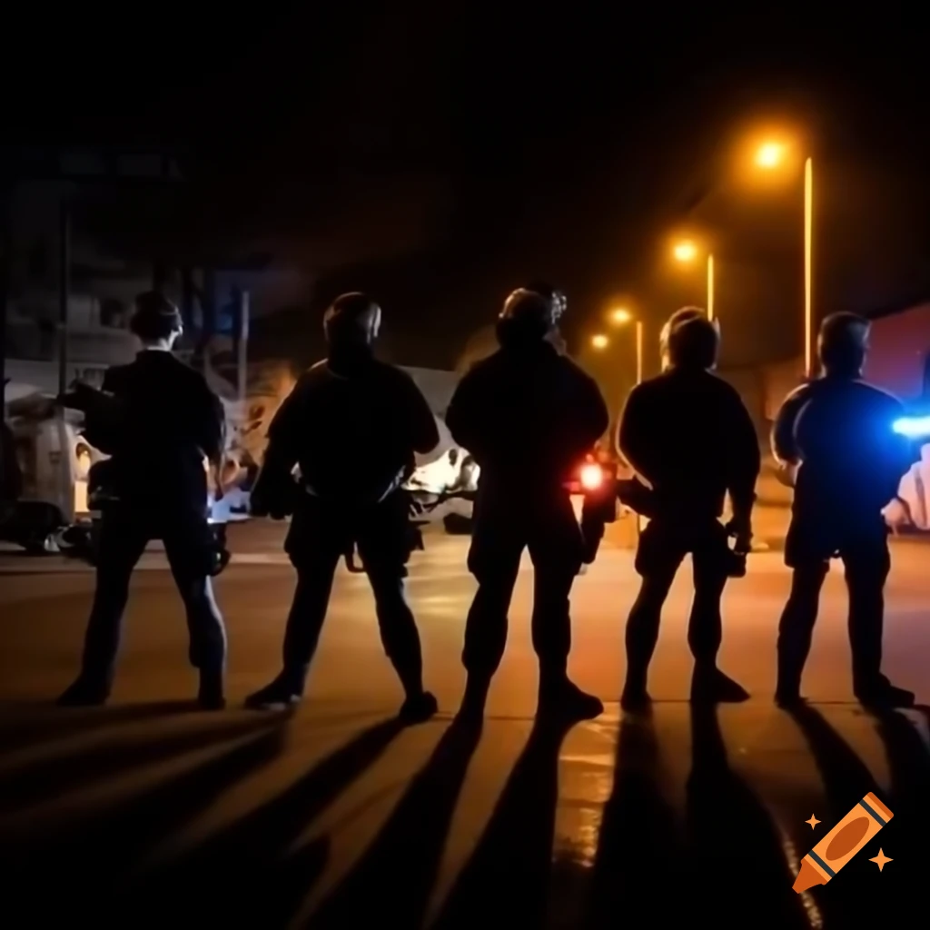 Tactical team silhouetted by emergency lights on dark LA street