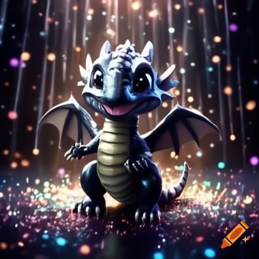 Tiny black dragon dancing under disco ball with confetti