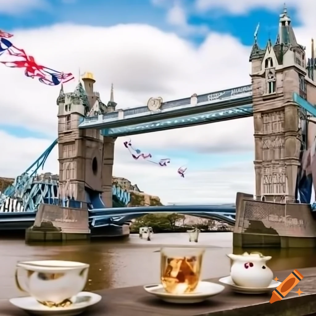 Tower Bridge decorated with British flags and Yorkshire tea